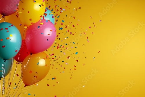 Colorful Balloons with Confetti on Yellow Background