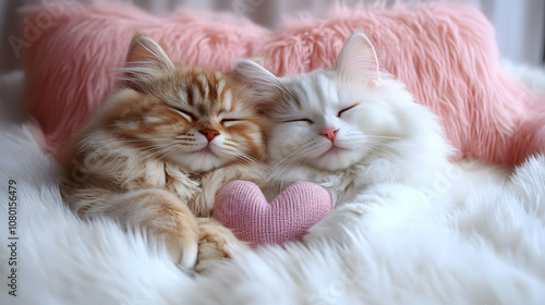 Two Cats Sleeping with a He...