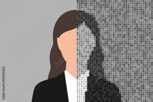 Real person and person made from binary code