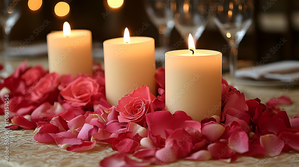 Romantic Candlelight Dinner Table Setting with Rose Petals - Photo Romantic Candlelight Dinner Table Setting with Rose Petals - Photo
