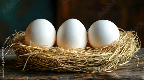 Three White Eggs In Nest - ...