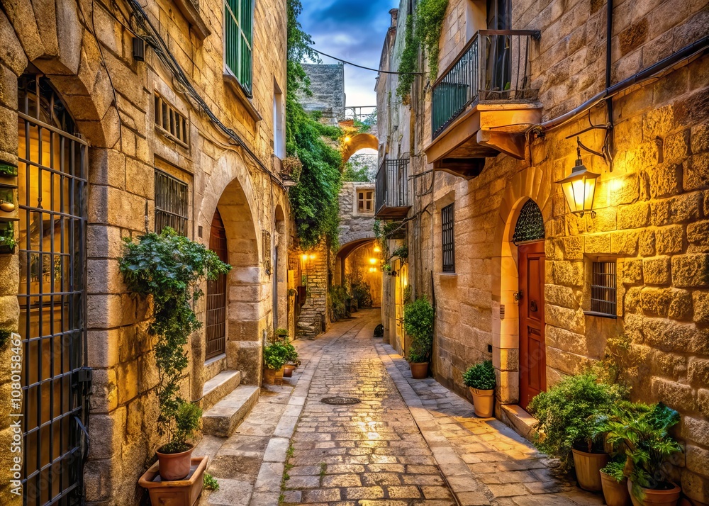 Fototapeta premium Cozy Narrow Street in Old City Jerusalem: Capturing the Charm of Stoned Houses and Historic Walls in the Jewish Quarter, an Inviting Slice of Israel's Rich Heritage