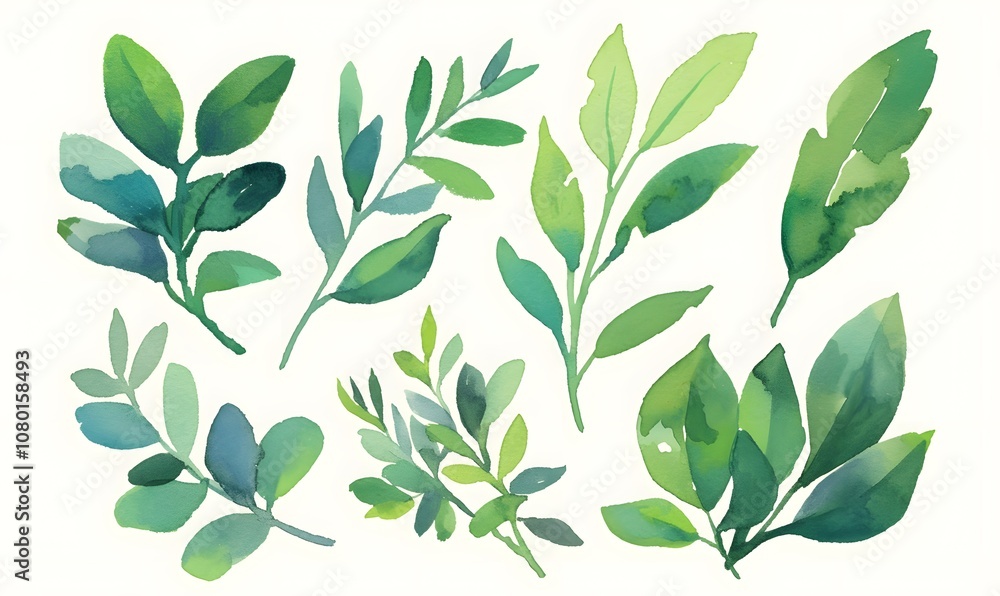Watercolor green leaves collection, Generative AI Watercolor green leaves collection, Generative AI