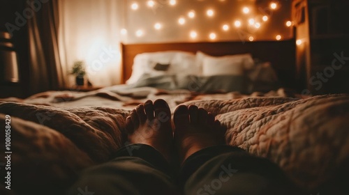 Feet Protruding From Under Covers on a Bed With String Lights photo