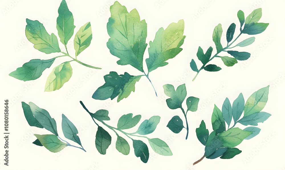 Watercolor green leaves collection, Generative AI Watercolor green leaves collection, Generative AI