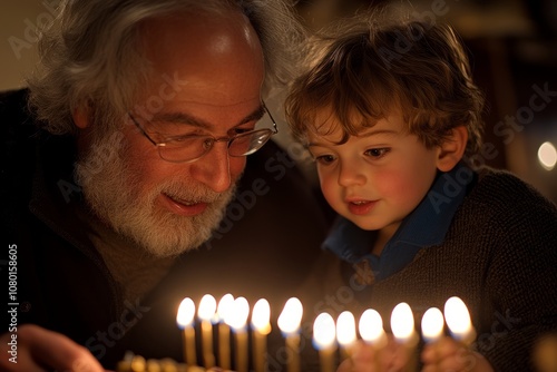 Grandfather and grandson lighting menorah for Hanukkah photo