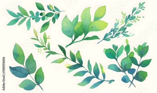 Watercolor green leaves collection, Generative AI 