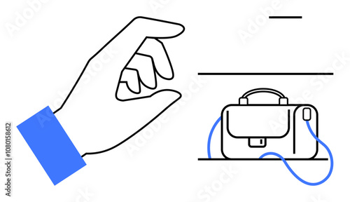 Hand approaching a briefcase connected to a charging cable, signifying modern professional life. Ideal for business, technology integration, mobile work, productivity digital nomads work-life