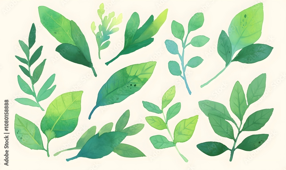 Watercolor green leaves collection, Generative AI Watercolor green leaves collection, Generative AI