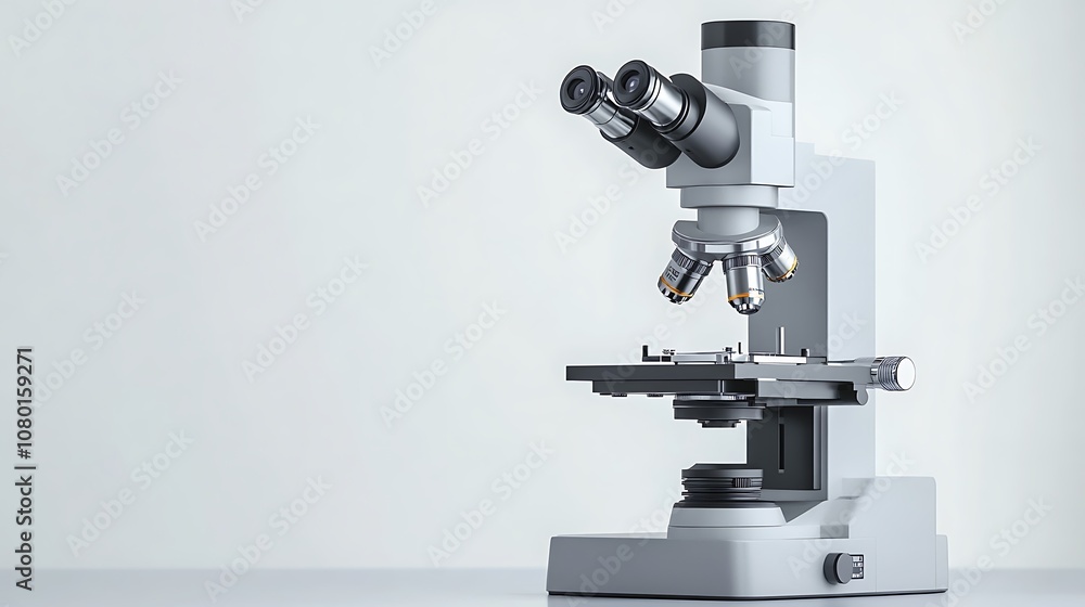 A black microscope stands on a white background. A black microscope stands on a white background.