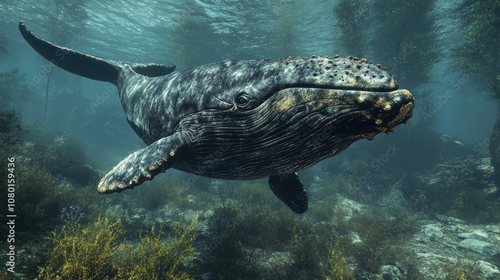 Fototapeta premium A humpback whale swims through a kelp forest, its massive body blending with the underwater landscape.