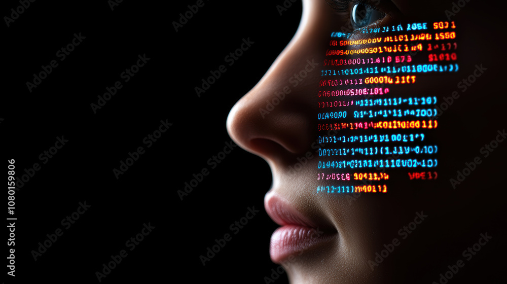 Personalized Medicine Genetic Testing Concept. A profile view of a face illuminated by colorful binary code, symbolizing the intersection of technology and human identity. Personalized Medicine Genetic Testing Concept. A profile view of a face illuminated by colorful binary code, symbolizing the intersection of technology and human identity.