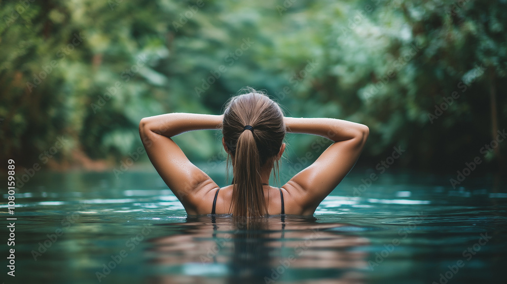 Fototapeta premium Woman relaxing in tranquil forest pool with hands behind her head, enjoying nature and peaceful surroundings, symbolizing relaxation, wellness, and a connection to nature