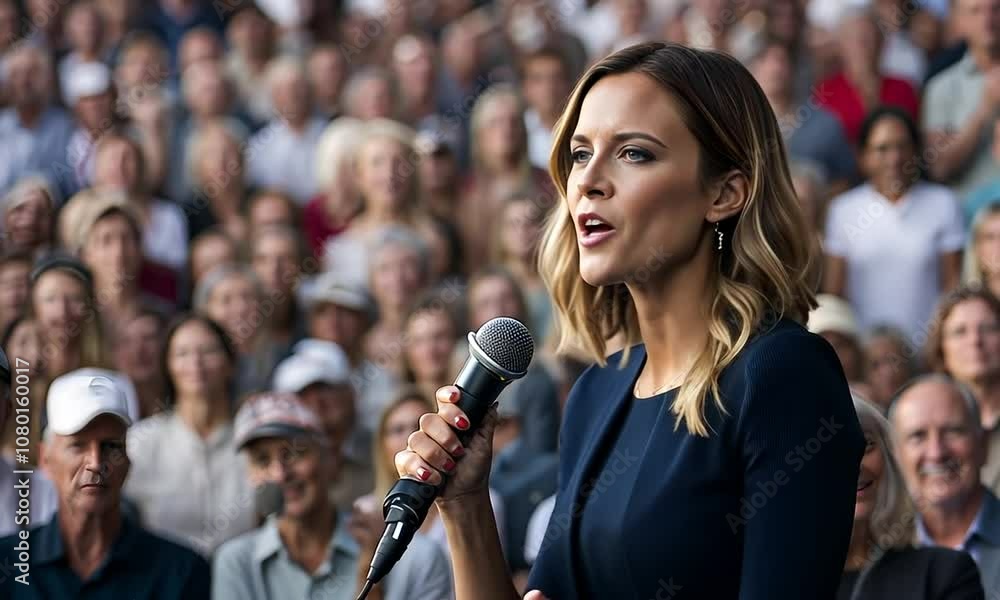 Woman speaking with a microphone to a large crowd. Woman speaking with a microphone to a large crowd.