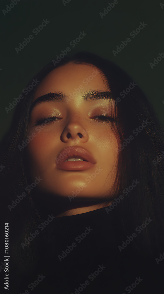 A portrait of an attractive woman with long hair set against a dark background, highlighting her features in dramatic contrast with ethereal lighting and color tones. A portrait of an attractive woman with long hair set against a dark background, highlighting her features in dramatic contrast with ethereal lighting and color tones.