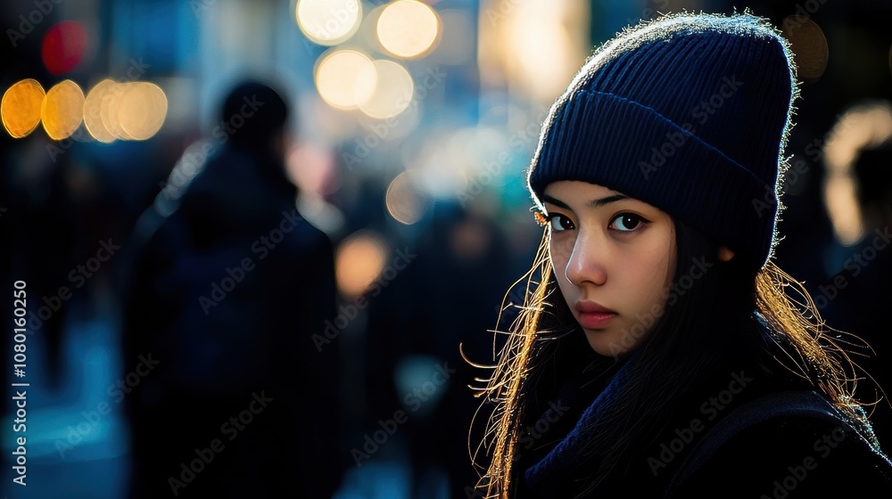 Portrait of a young woman in a winter hat against an urban backdrop with blurred city lights, capturing the essence of urban life and individual strength in a modern setting.