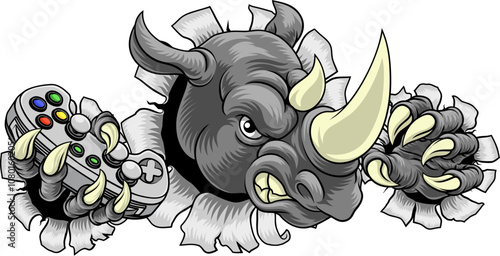 A Rhino Rhinoceros gamer sports video game gaming mascot holding a games controller