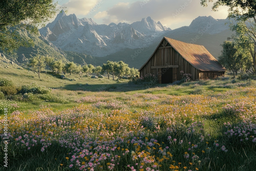 Fototapeta premium Rustic Barn Nestled in a Mountain Meadow with Wildflowers