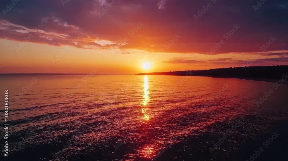Obraz premium Breathtaking Sunset Over Calm Ocean Waters with Reflections Illuminating the Shoreline at Dusk, Capturing the Tranquil Beauty of Nature's Evening Palette