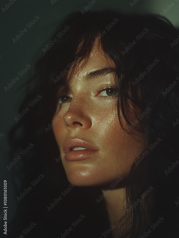 A portrait of an attractive woman with long hair set against a dark background, highlighting her features in dramatic contrast with ethereal lighting and color tones. A portrait of an attractive woman with long hair set against a dark background, highlighting her features in dramatic contrast with ethereal lighting and color tones.
