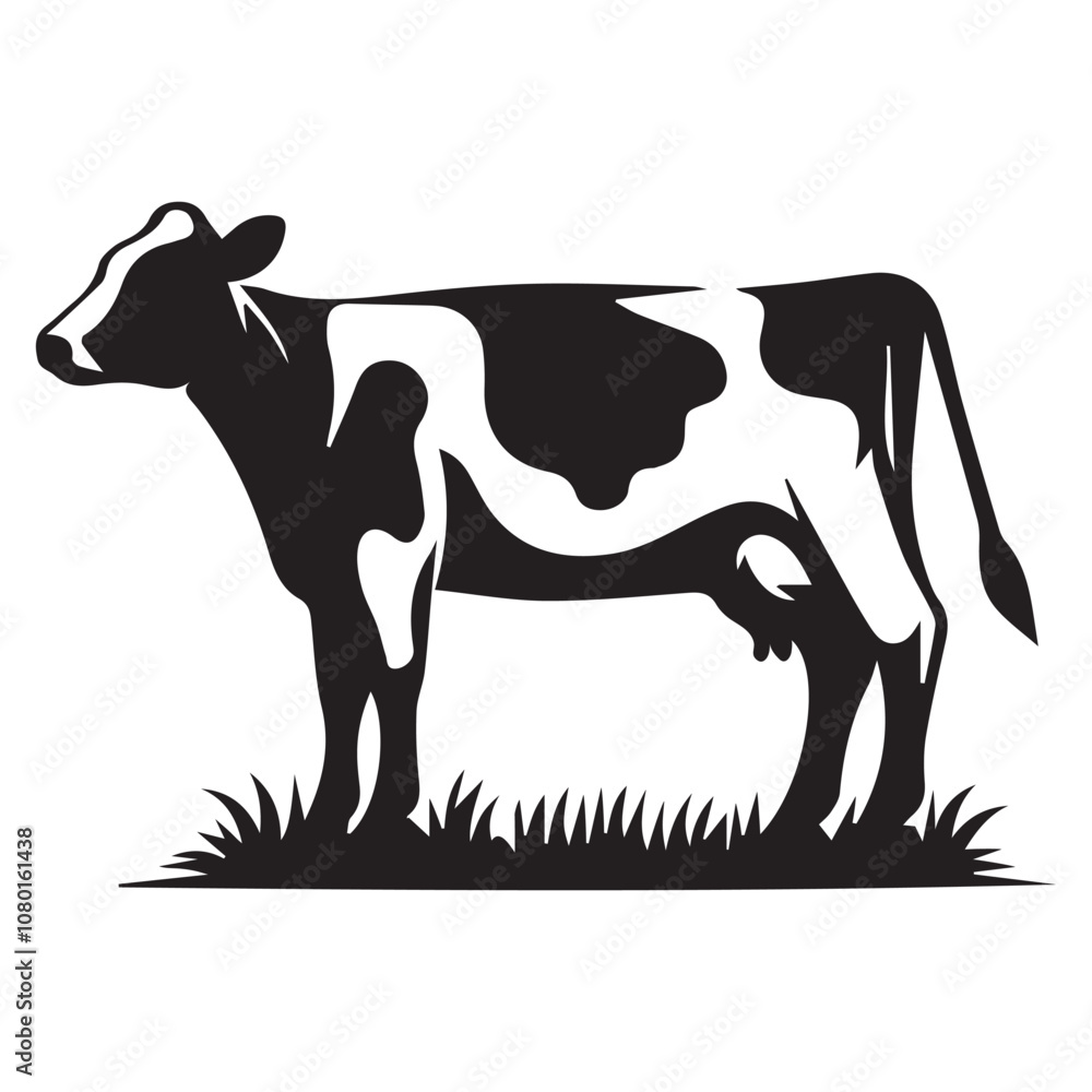 Fototapeta premium Black and White Cow Silhouette – Vector Illustration of Farm Animal