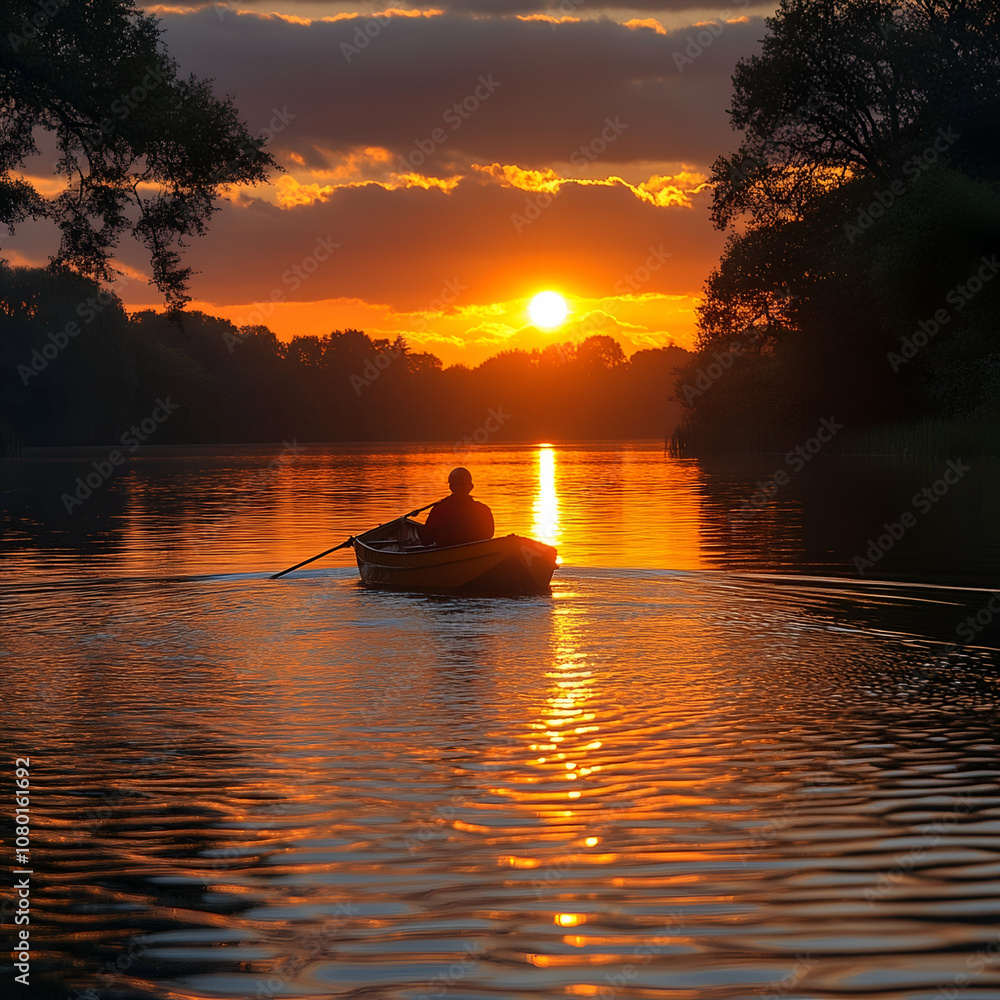 A lone person rows a small boat through a serene lake surrounded by glowing autumn trees at sunrise A lone person rows a small boat through a serene lake surrounded by glowing autumn trees at sunrise