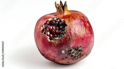 Close-up of a rotten spoiled pomegranate with exposed seeds on white background.