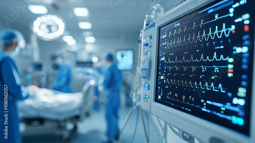 Life Signs:  A sterile, high-tech operating room, with the focus on a heart monitor displaying a steady rhythm.