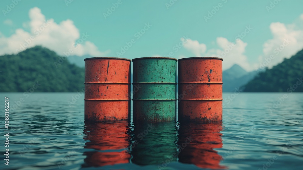 Three colorful barrels in a serene lake setting, surrounded by mountains and blue sky, reflect beautifully on calm water. Three colorful barrels in a serene lake setting, surrounded by mountains and blue sky, reflect beautifully on calm water.