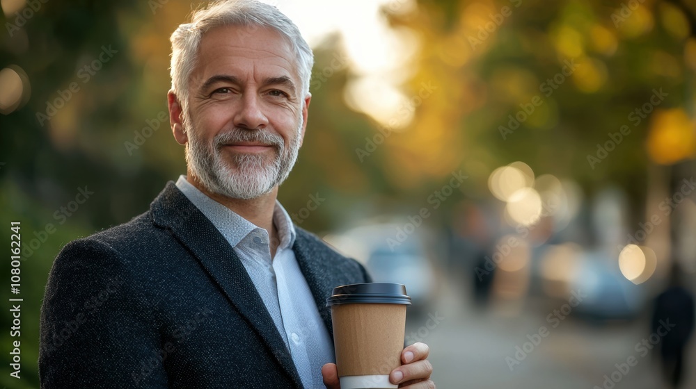 Cheerful mature man with a beard holding a coffee cup, enjoying a sunny autumn day in a vibrant urban environment, with blurred background and warm tones Cheerful mature man with a beard holding a coffee cup, enjoying a sunny autumn day in a vibrant urban environment, with blurred background and warm tones