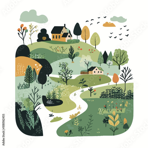 Cute hand drawn vector illustration of a village landscape with trees, houses and fields..eps