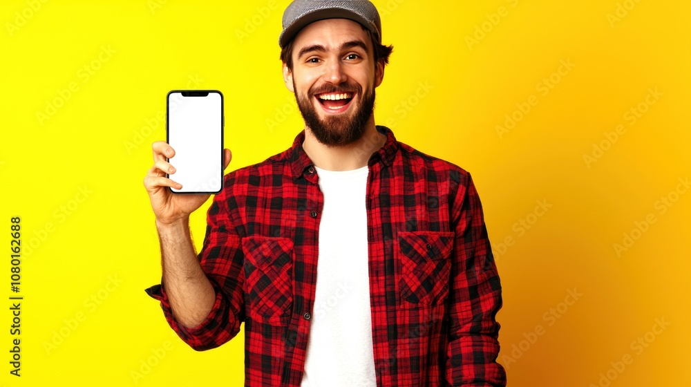 Enthusiastic young man holding a smartphone with a blank screen against a vibrant yellow background, showcasing excitement and modern technology in a cheerful setting Enthusiastic young man holding a smartphone with a blank screen against a vibrant yellow background, showcasing excitement and modern technology in a cheerful setting