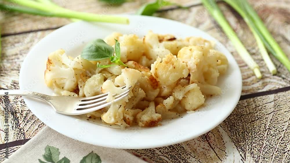 Diet boiled cauliflower fried in oil with spices Diet boiled cauliflower fried in oil with spices
