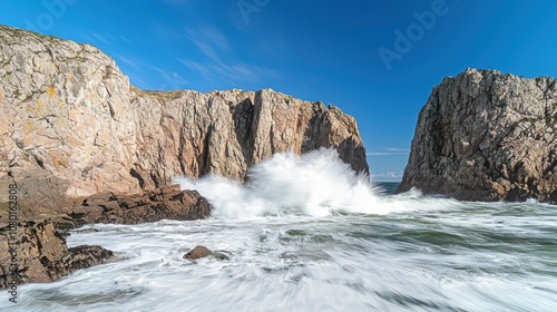 Dramatic Coastal Seascape with Waves Crashing against Rocky Cliffs under Clear Blue Sky in a Stunning Natural Landscape Displaying the Power of Nature