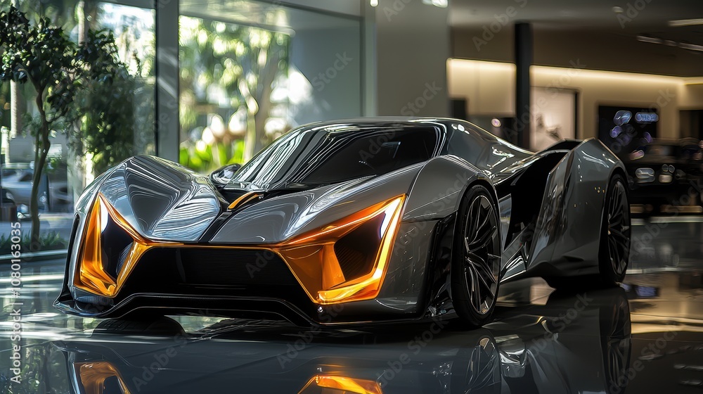 Futuristic Silver Sports Car with Striking Orange Lights in Sleek Urban Showroom Environment Showcasing Innovative Design and Cutting-Edge Technology Futuristic Silver Sports Car with Striking Orange Lights in Sleek Urban Showroom Environment Showcasing Innovative Design and Cutting-Edge Technology