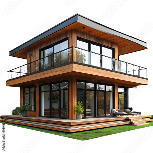 Modern two-story wooden house with large windows and balcony isolated on transparent background. photo