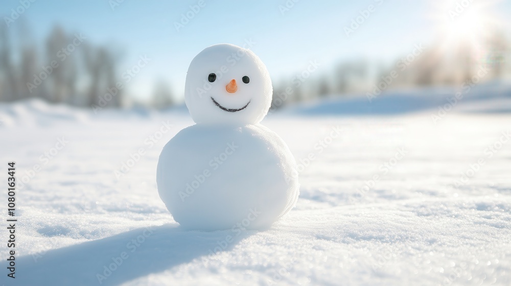 A snowman with a smile on his face stands in the snow A snowman with a smile on his face stands in the snow