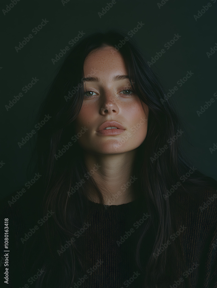 A portrait of an attractive woman with long hair set against a dark background, highlighting her features in dramatic contrast with ethereal lighting and color tones. A portrait of an attractive woman with long hair set against a dark background, highlighting her features in dramatic contrast with ethereal lighting and color tones.