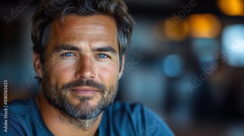 A close-up portrait of a man with blue eyes and a beard. The man is looking directly at the camera and has a slight smile on his face.