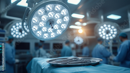 Surgical Suite Intensity:  A sterile, high-tech operating room with surgical instruments in focus, illuminated by bright surgical lights, and blurred medical professionals in the background. photo