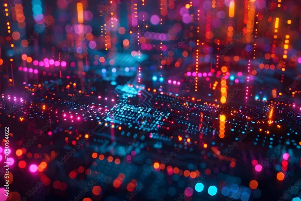 Obraz premium A vibrant digital landscape representing technology and data flow.