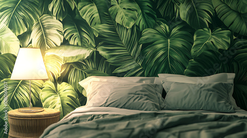 Elegant bedding covered with tropical leaf prints picture photo