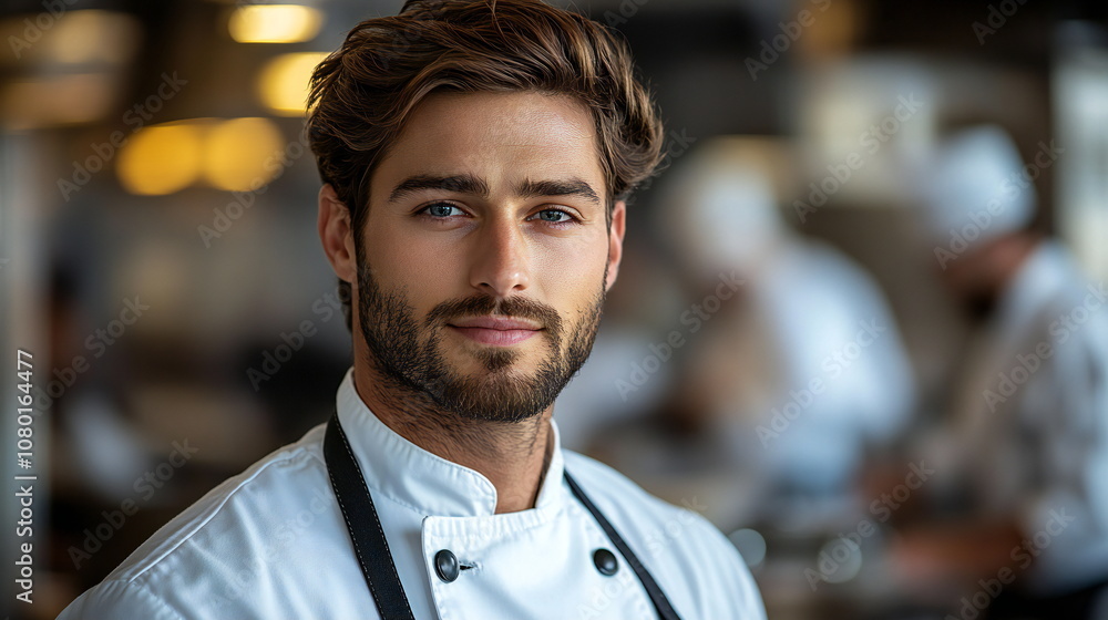 A handsome young chef in a white uniform looks directly at the camera with a focused expression. A handsome young chef in a white uniform looks directly at the camera with a focused expression.