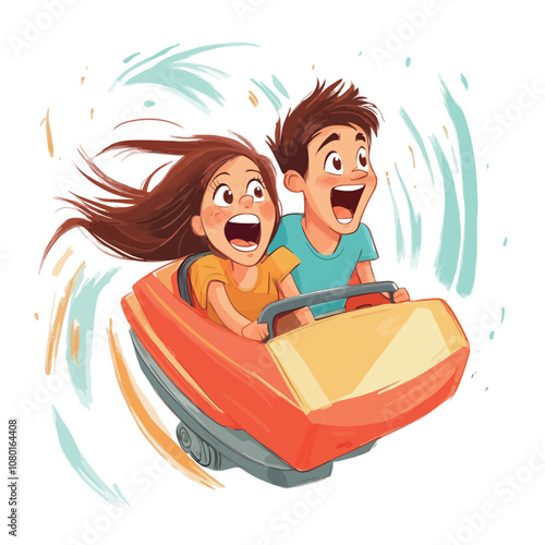 Happy boy and girl riding on a bumper car. Vector illustration..eps