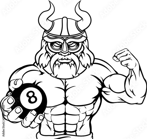 A viking angry mean pool billiards mascot cartoon character holding a black 8 ball.