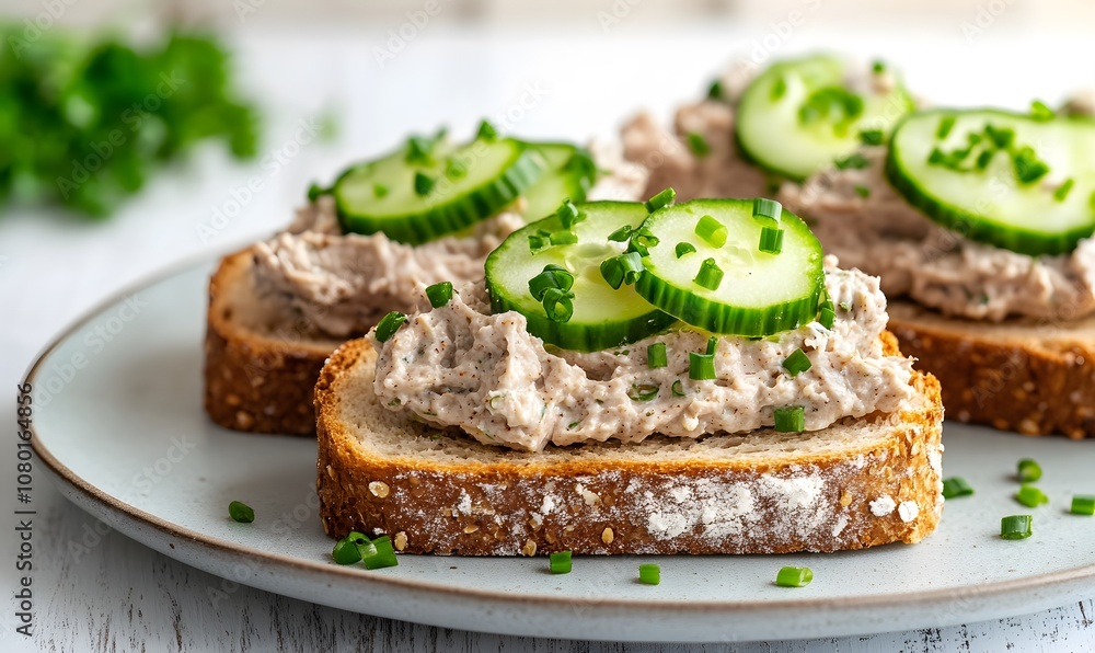 sandwiches topped with a creamy smoked mackerel spread, garnished with fresh cucumber slices and sprinkled with chopped chives, Generative AI sandwiches topped with a creamy smoked mackerel spread, garnished with fresh cucumber slices and sprinkled with chopped chives, Generative AI