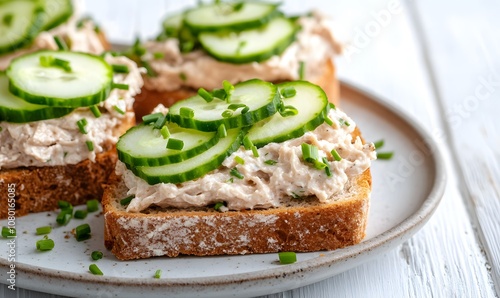  sandwiches topped with a creamy smoked mackerel spread, garnished with fresh cucumber slices and sprinkled with chopped chives, Generative AI 