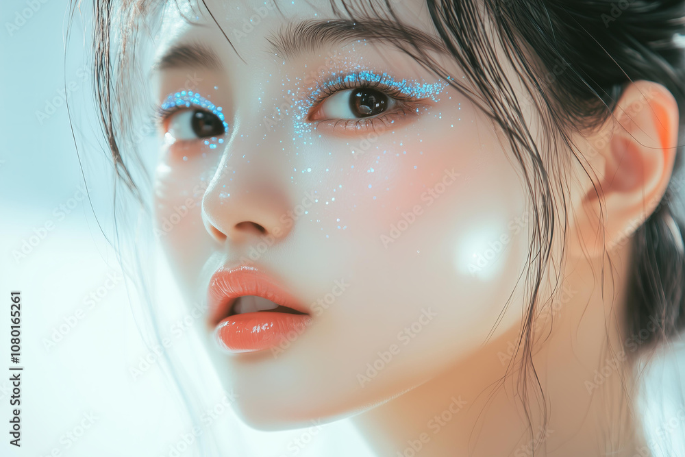 Close-up portrait of a beautiful asian woman with blue glitter makeup on her face, pastel hair color, and a shiny, glossy look
Close-up portrait of a beautiful asian woman with blue glitter makeup on her face, pastel hair color, and a shiny, glossy look
