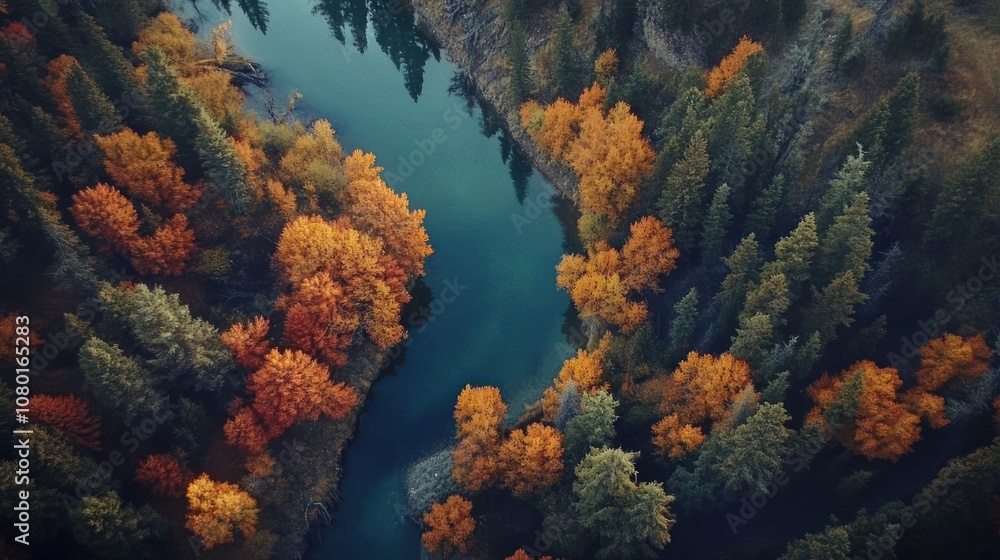 Aerial view of a winding river surrounded by vibrant autumn foliage and evergreen trees. Aerial view of a winding river surrounded by vibrant autumn foliage and evergreen trees.