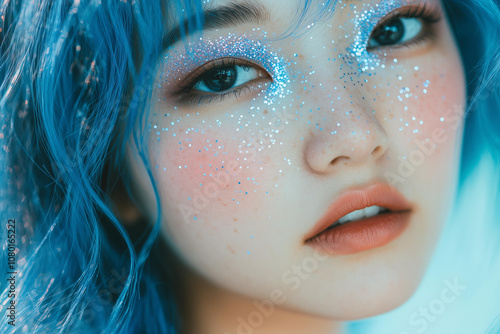  Close-up portrait of a beautiful asian woman with blue glitter makeup on her face, pastel hair color, and a shiny, glossy look